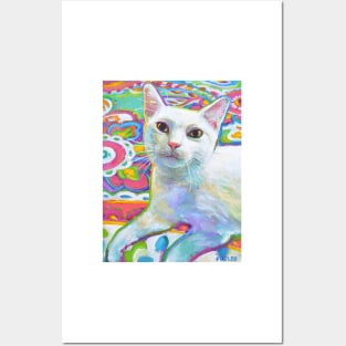 White Cat with Bright Florals Posters and Art